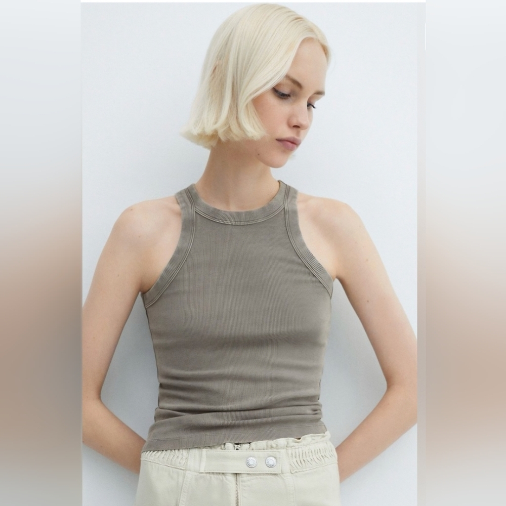 Mango Sage Green Ribbed Tank Top